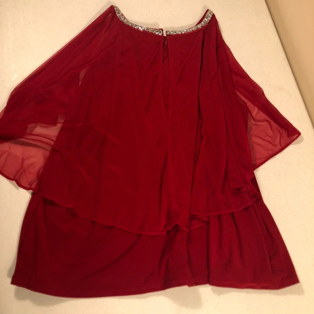 R&M Richards Women 2X Red Rhinestone Capelet‎ Chiffon Sheer Top Blouse Holiday - Picture 2 of 6